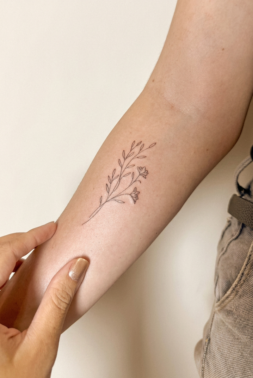 Tatuagem fineline de flor no antebraço