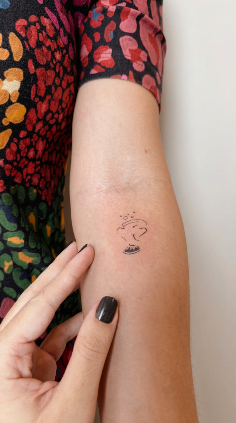 Tatuagem fineline minimalista de personagem no braço