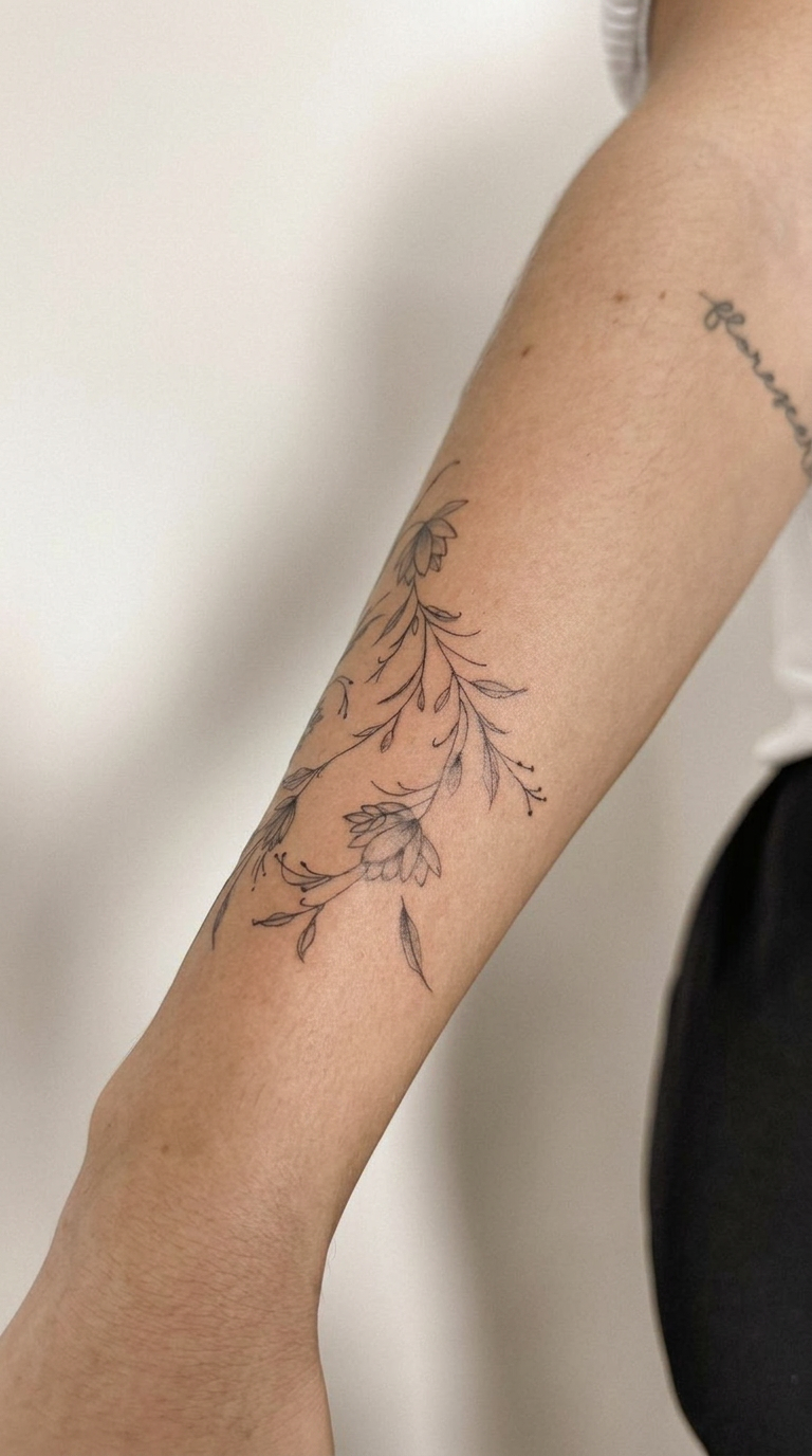 Tatuagem fineline floral delicada no braço