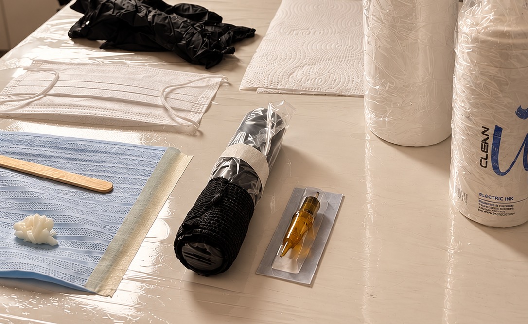 Bancada do atelier com materiais descartáveis preparados para o atendimento